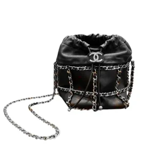 CHANEL Logo Chain Shoulder Bag Caviar Skin